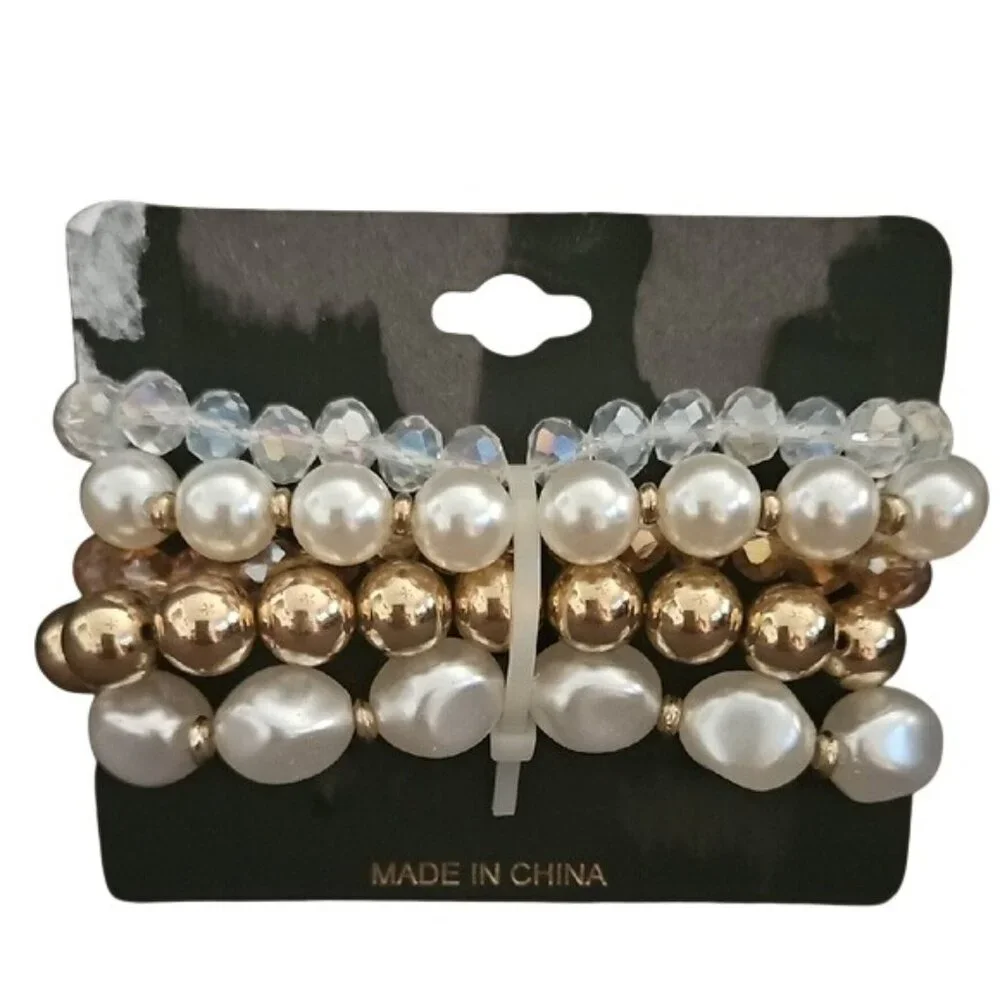 nOir Jewelry Pearl and Rose Gold Bracelet Set - Qty 5 New Party Special Occasion